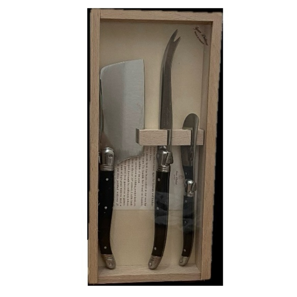 LAGUIOLE Jean Dubost France 3-pc Cheese Knife Set Black Handle in Wooden Box